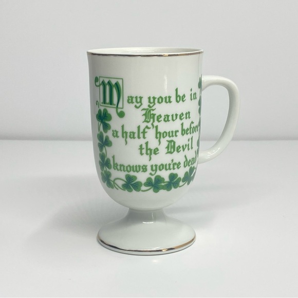 Vintage Irish Coffee Mug Footed Shamrocks St Patrick’s Day Blessings JAPAN 034 - Picture 1 of 11